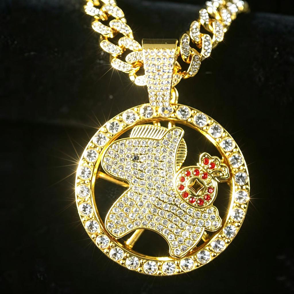 Gold Horse Pendant Necklace with Red Diamond Accents, Zinc Alloy, 45mm/62mm