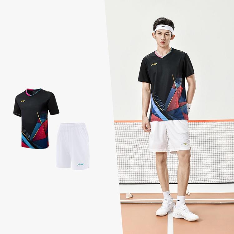 Li-Ning Color Block V-Neck Sports Competition Short Sleeve T-Shirt Unisex Tops Black AAYU127-1