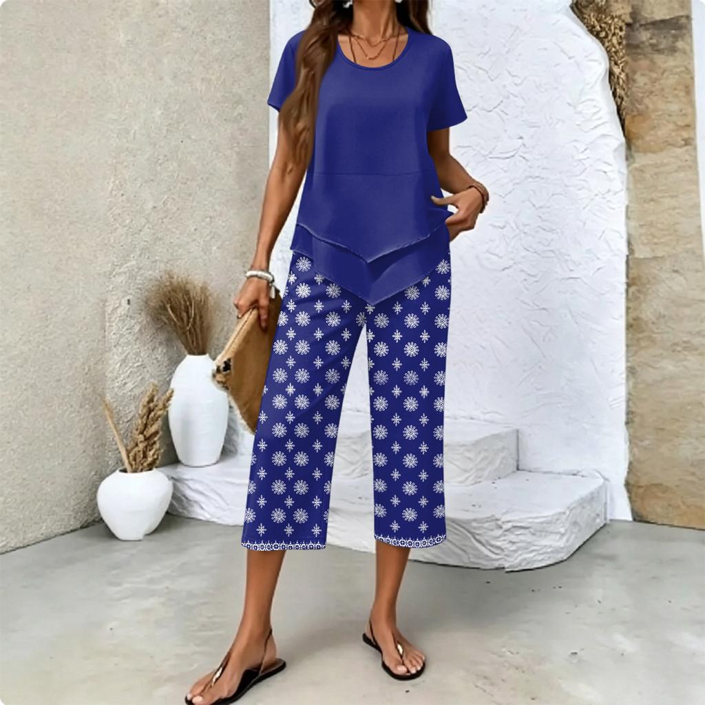 Women's Casual Two Piece Set Short Sleeve Round Neck Top with Printed Cropped Pants Comfortable Loose Fit Lounge Wear