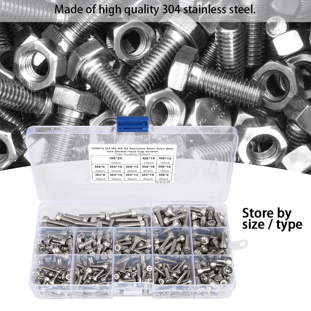 305PCs Screw Combination Set 304 Stainless Steel Hardware Fastener Power Tool Accessory
