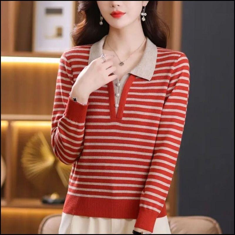 Spring Lapel Fake Two Piece Sweater Women's Panelled Stripe V-neck Button Fashion Loose Casual Patchwork Knitted Top