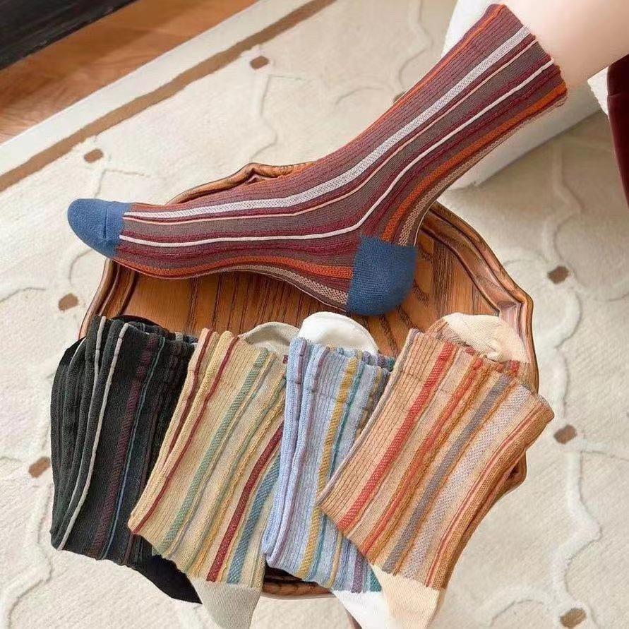 Women's Retro Ethnic Style Color Block Striped Mid-Calf Socks for Spring and Autumn