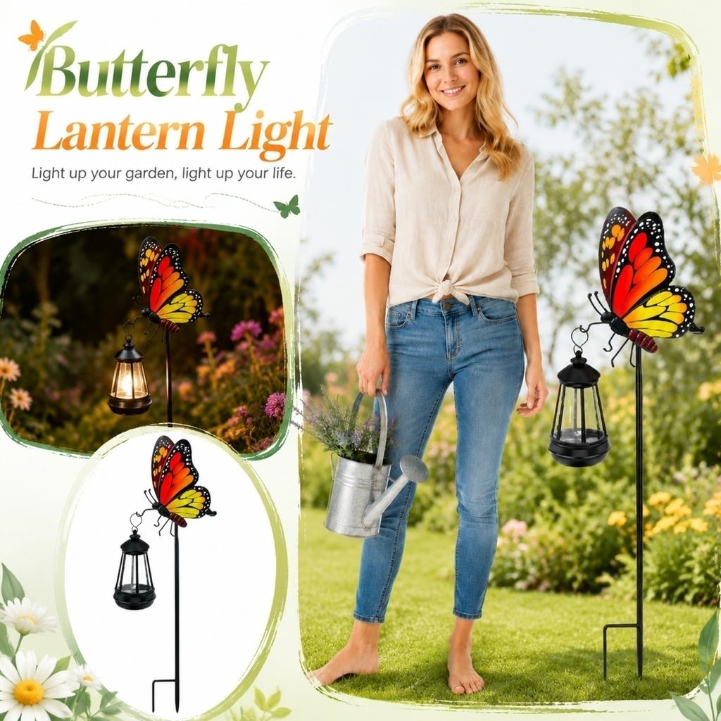 Outdoor Solar Garden Stake Light Butterfly Design with Hanging Lantern Decorative Yard Accent for Pathway Lawn Patio
