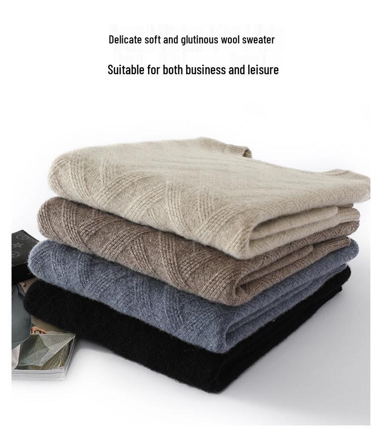 Men's Thick Wool Knit Sweater - Autumn/Winter, Round Neck, Solid Color, Loose Fit, Business Casual.