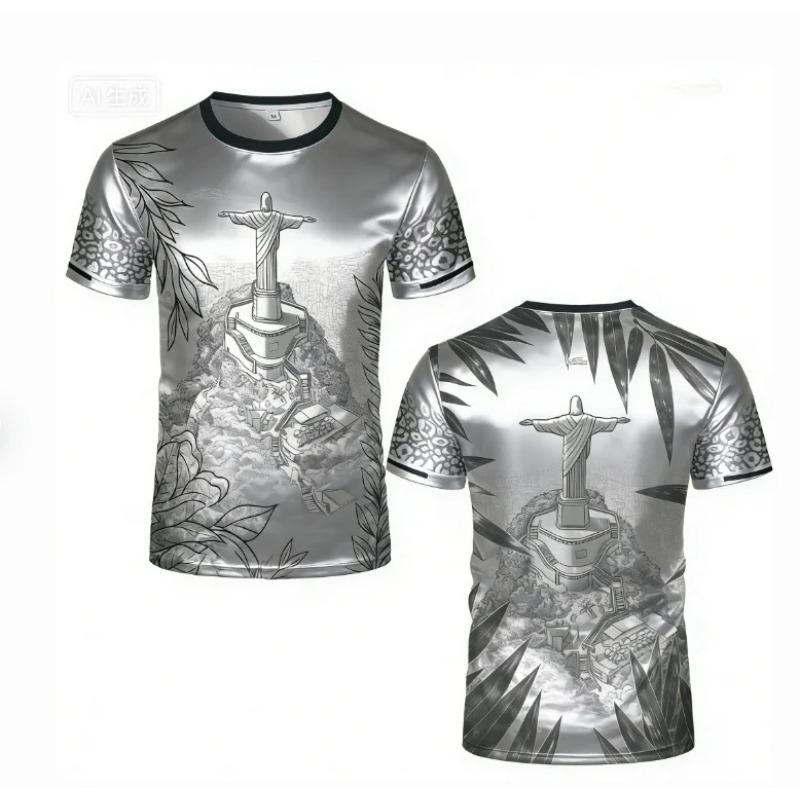 Fashion Casual Short-sleeve T-shirt with Brazil Jesus Statue Print On Front and Back for Daily Travel Wear