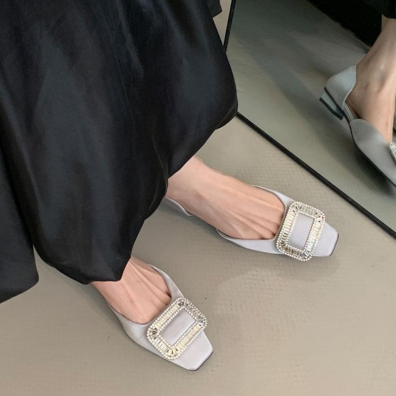 Fashion Pink Female Slip On Footwear Silk Women Low Heel Shoes Luxury Fashion Rhinestones Wedding Party Ladies Heeled Pumps Shoes