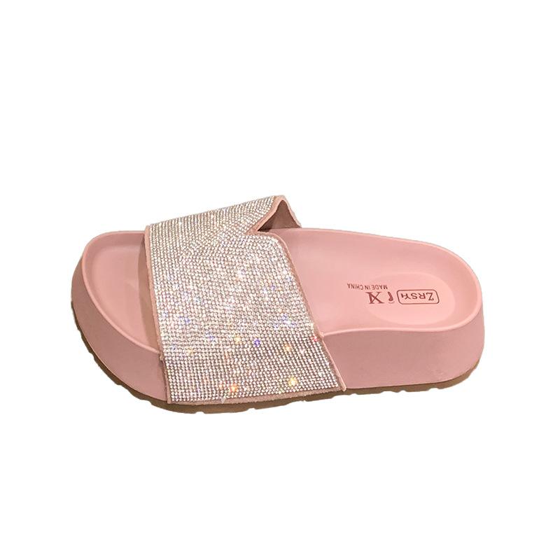 2025 summer new Korean version of fashion and leisure one-word drag rhinestone muffin thick-bottomed beach one-foot cool slippers
