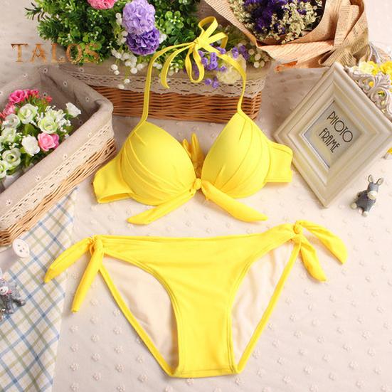 2 Teile/satz Sexy Bikini Set Neckholder Push-Up Einfarbig Bh Hohe Taille Schwimmen Slip Set Bowknot Dekoration Bademode