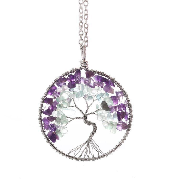 Handmade Man Winding Amethyst Fluorite Tree Of Life Necklace Fortune Tree Woven Necklace N139