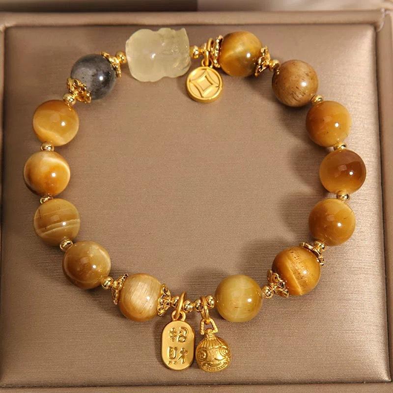 

Natural golden rutilated quartz crystal moonstone bracelet for women, gold-attracting tiger eye stone fortune bracelet, gift for girlfriend or best 8mm Tigereye+Fortune Tali