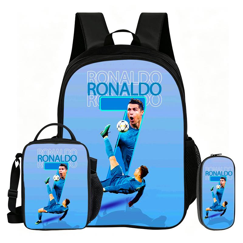 Ronaldo 3Pcs Set School Backpack Football Sport Backpack,Pencil Bags,with Lunch bag,Football Star Bookbag Knapsack