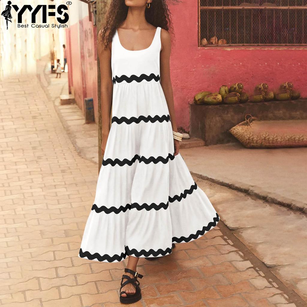 YYFS Women's Fashion Summer Spring Lace Print Sleeveless U-Neck High Waist Casual Dresses