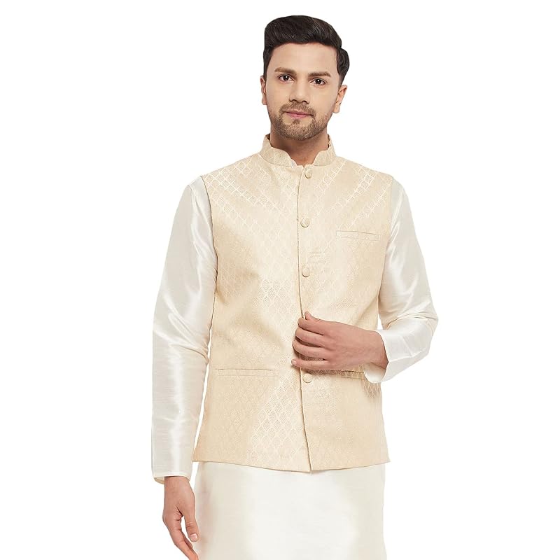 VASTRAMAY VM Mens Silk Blend Nehru Jacket Timeless Style & Versatility | Banarasi Brocade Woven Jaquard Modi Jac