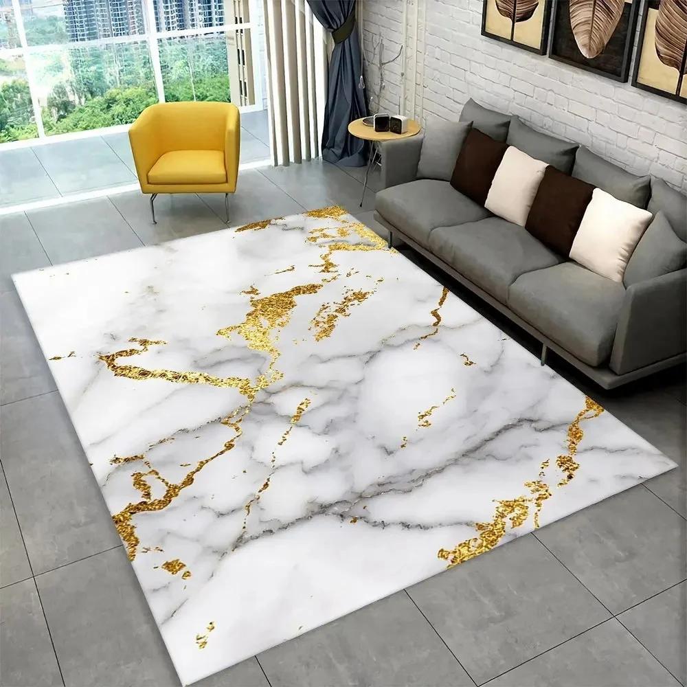 Sophisticated Nordic Blue and Gold Marble Floor Mat Geometric Carpet for Living Room or Bedroom Non-Slip Rug for Sofa Doormat