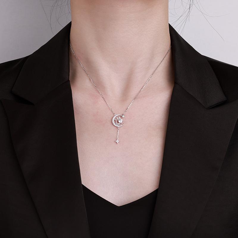 S925 Sterling Silver Moon Star Dragon Moissanite Pendant Necklace Tassel Style Sparkling Jewelry for Party Wedding Anniversary