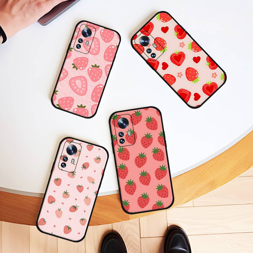 C-Cute-S-Strawberrys Black Shockproof Phone Case Snug Fit For Xiaomi 12,11,12S Ultra & Redmi Note 11,10T,9,9A,8Pro,8T,5G