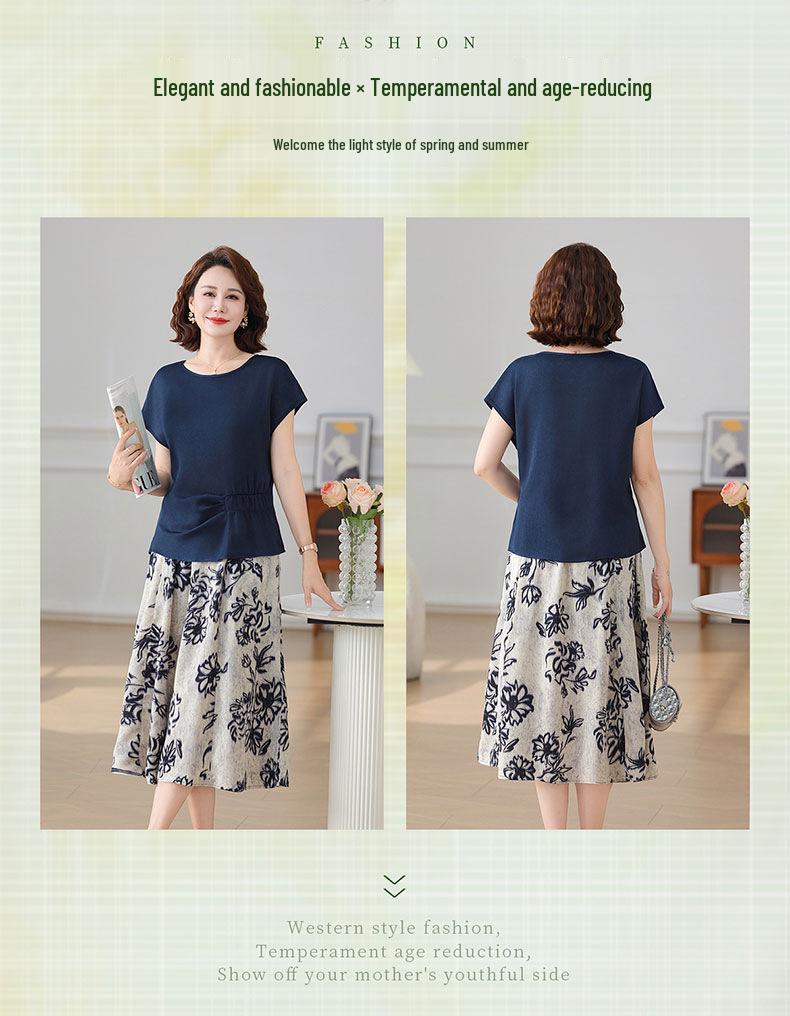 Summer 2025 Mom's Short-Sleeve T-shirt & Skirt Set for Middle-Aged Women