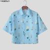 INCERUN Oversized Men Turn-down Collar Dropped Shoulder Button Up Print Casual Cropped Shirts