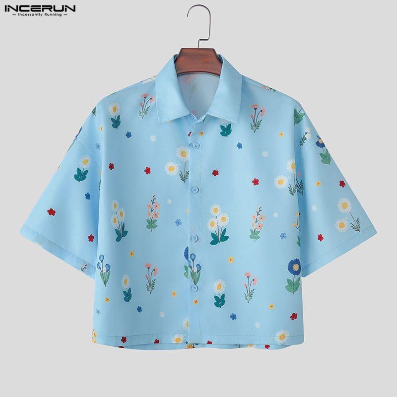 INCERUN Oversized Men Turn-down Collar Dropped Shoulder Button Up Print Casual Cropped Shirts