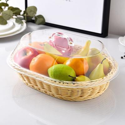 Imitation Rattan Bread Basket with Acrylic Lid for Food Storage Serving Multifunctional Woven Meal Basket for Fruits