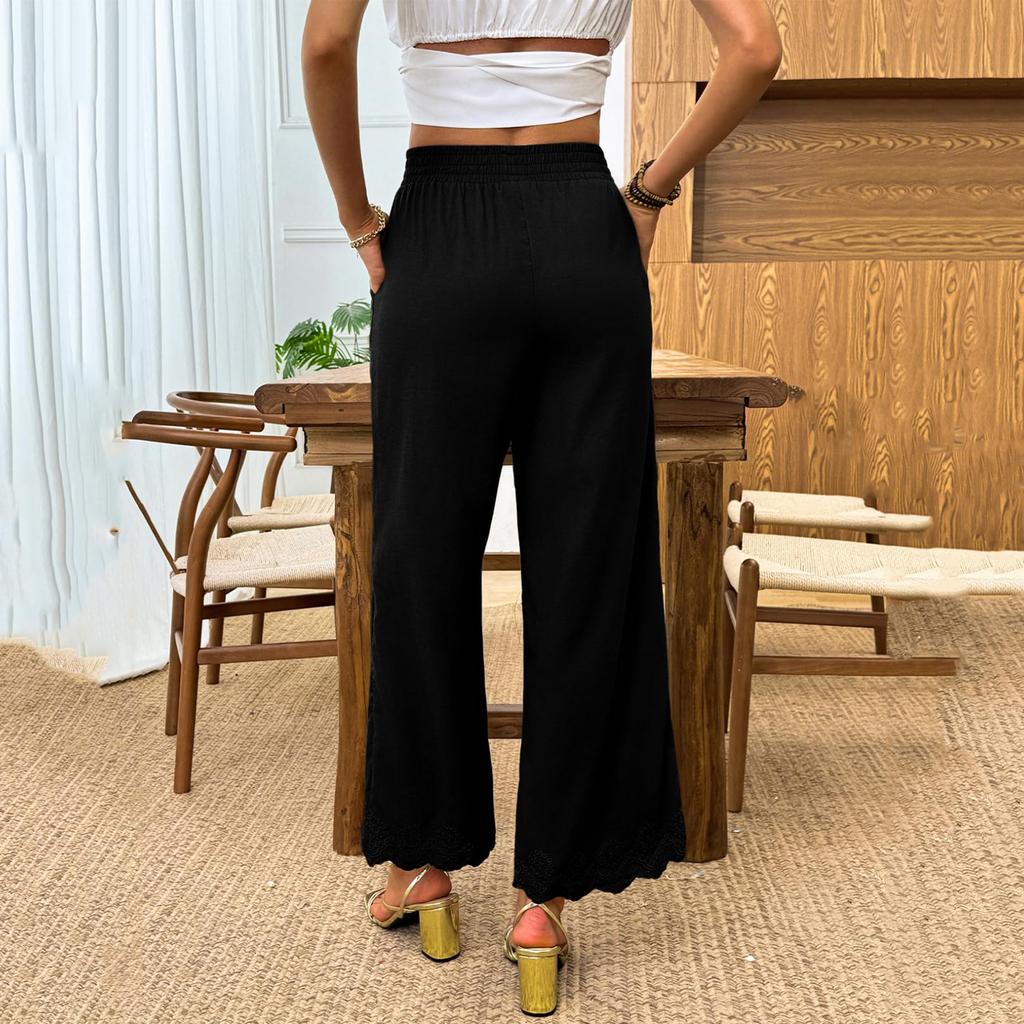 Women Elastic High Waist Pant Casual Fit Wide Leg Long Pants Trousers With Pockets