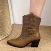 Retro Metal Buckle Western Cowboy Boots Women Winter Pointed Toe High Heel Ankle Boots Design Woman's Short Booties