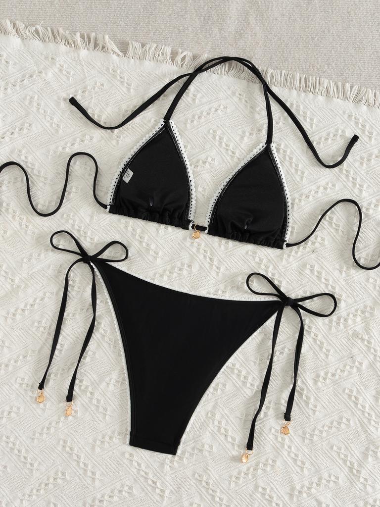 Einfarbiger Spitzenbesatz zum Binden Sexy Bikini Split Badeanzug Damen