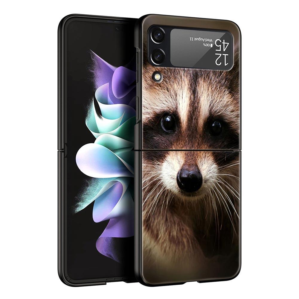 Hard PC Phone Case For Samsung Galaxy Z Flip 7 6 5 4 Black Cover For Galaxy Z Flip 3 Foldable Shockproof Cute Animal Raccoon Bag