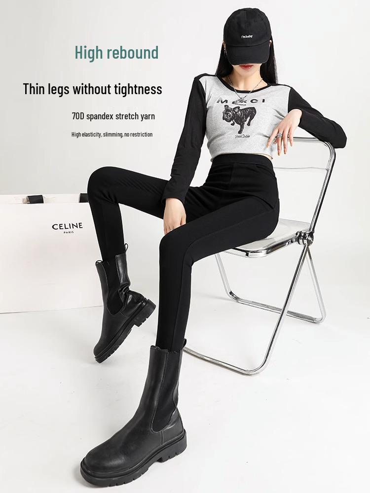 Black High-Waisted Fleece-Lined Skinny Leggings for Women - Warm, Elastic, Ideal for Autumn/Winter Wear, Tight-Fitting Pencil Pants