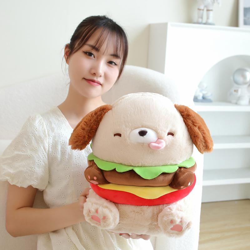 Hamburger Dog Pillow, Cute and Creative Small Dog Doll, Plush Toy Doll, Children's Birthday Gift for Girls