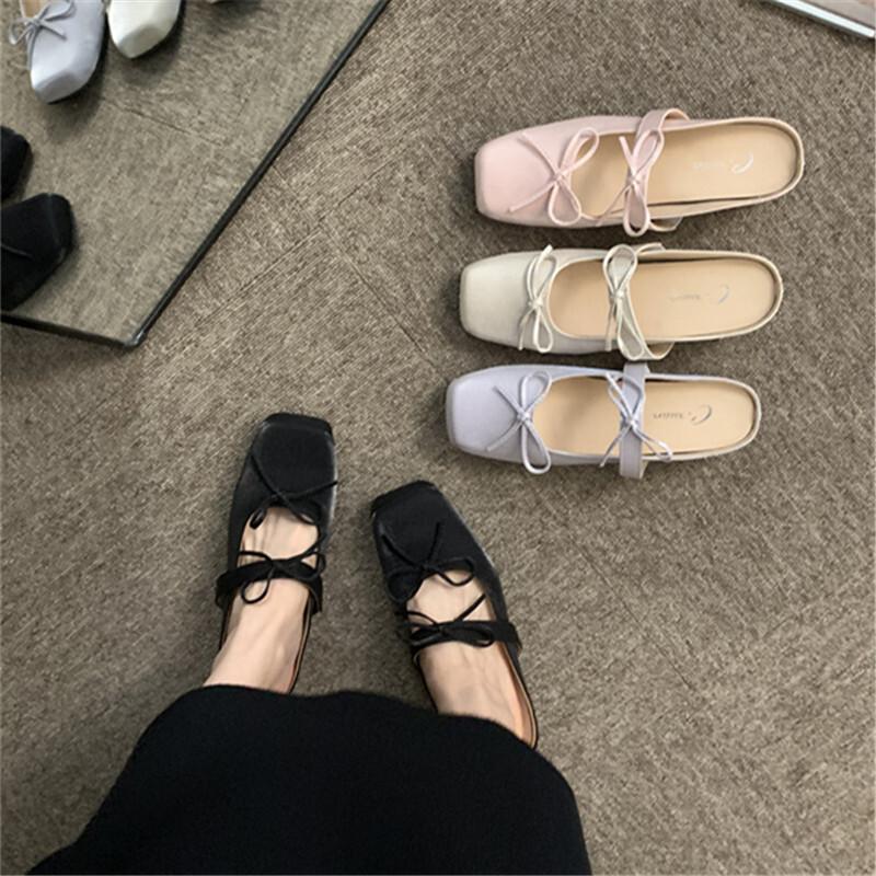 Fairy Style with Skirt Half Slippers Female Outer Wear 2025 Korean Version Bag Head Bow Shallow Mouth Inner Height Increase Sandals