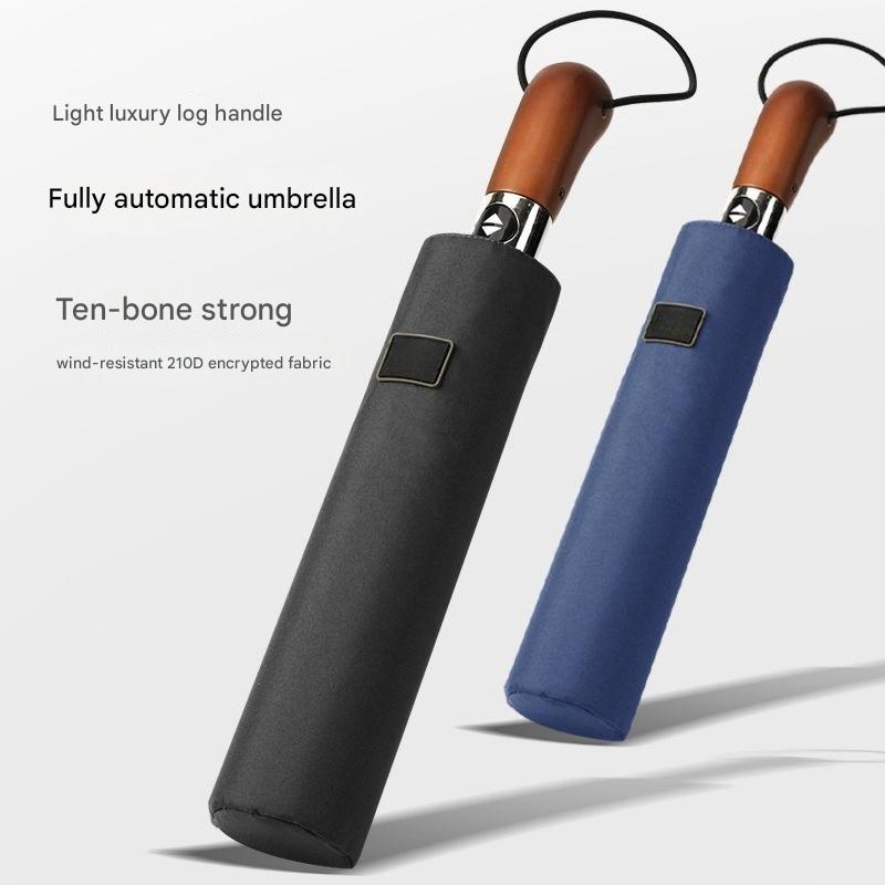 Light Luxury Fully Automatic Wooden Handle 10 Bone Reinforced Windproof Umbrella Men's Advertising Business Gift Umbrella