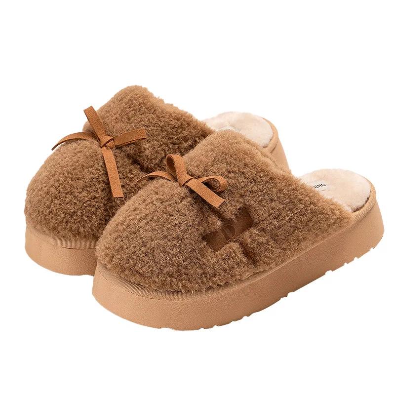 Fashion Fluffy Platform Slippers Women House Flats Cute Bowknot Designer Lovely Winter Shoes Girls Fashion Plush Casual Footwear Elegant