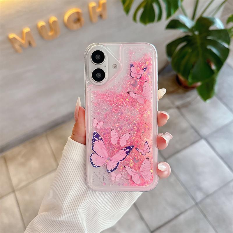 

Butterfly Purple Luminous Quicksand Case for iPhone 17 16 15 Pro Max Transparent Soft Phone Cover Floating Glitter Sequins Funda iPhone 15