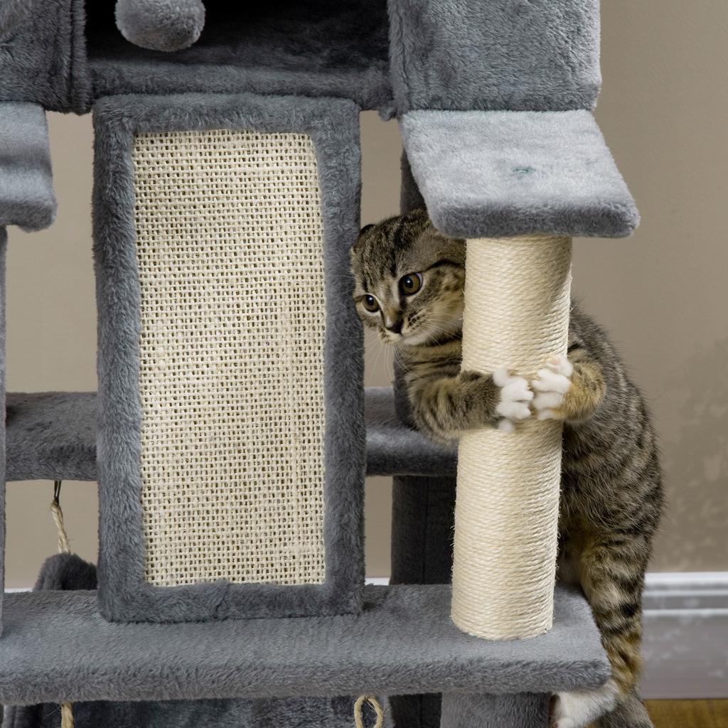 Cat Scratching Tree with Sisal Posts, House, Bed and Hammocks, 48x48x140cm, Grey