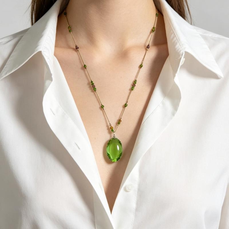 Big Oval Crystal Long Pendant Necklace for Women Statement Green Minimalist Jewelry for Daily Party Use
