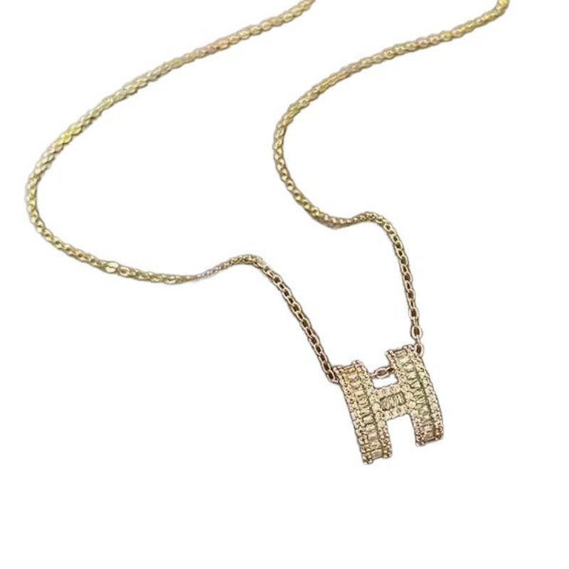 Gold Plated Copper H Letter Shiny Zircon Clavicle Necklace For Women