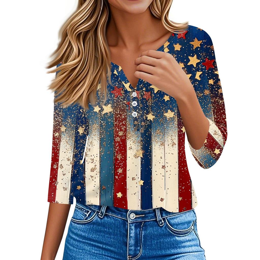 Women's T Shirt Tee Independence Day Printed Button 3/4 Sleeve Tunic Daily Weekend Fashion Basic V- Neck Regular Top