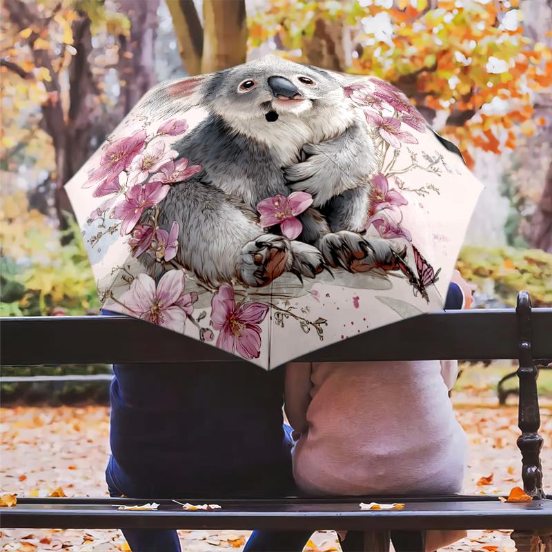 Fantasia koala rosa, ombrello pieghevole automatico, design portatile e pieghevole, 8 stecche, un regalo di Natale o di compleanno.