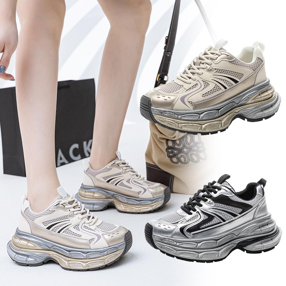 Gu Family's Popular Platform Dad Shoes for Women's 2025 Spring New Versatile Breathable Muffin Shoes Genuine Leather Casual Sports Shoes