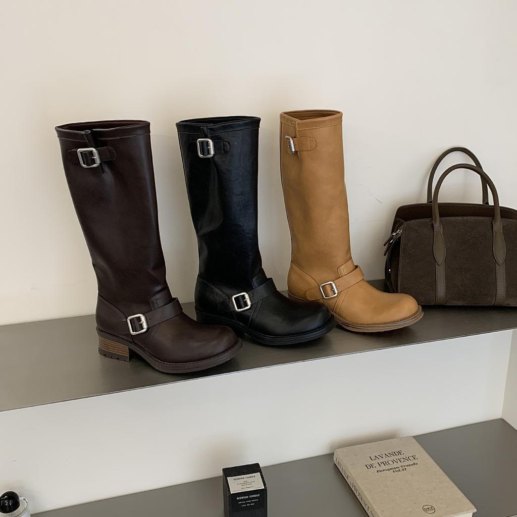 Belt Buckle Boots Women's Winter Round Head Thick Medium Heel Knight Boots Vintage Versatile Motorcycle Boots Boots