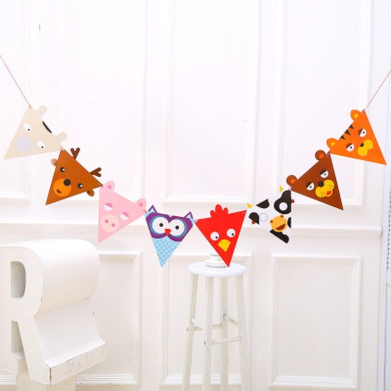New Creative Triangle Cartoon Animals Birthday Party Banners Pull Flags Room Decorations Ornaments P
