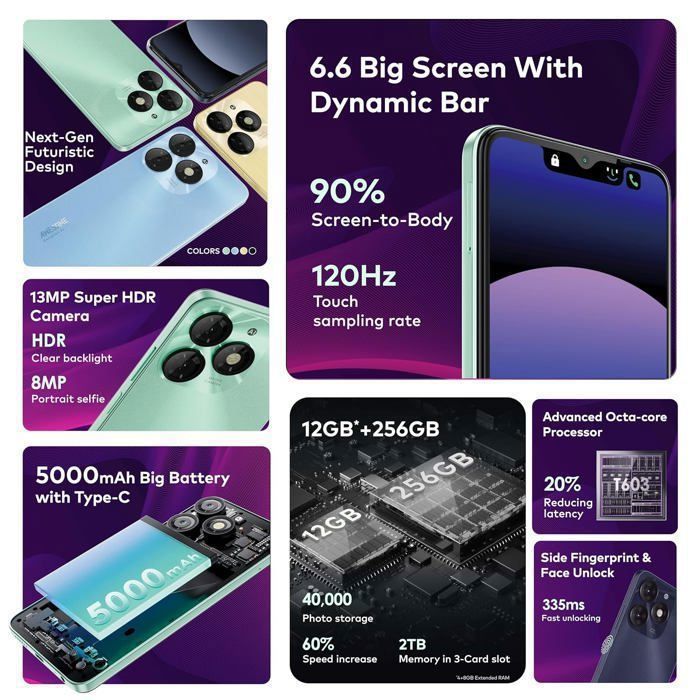 Smartphone Pas Cher Itel A70 12GO+256GO Écran 6.6" 120hz 5000mAh Telephone Portable Android 13 13MP Dual SIM 4G/GPS Bleu