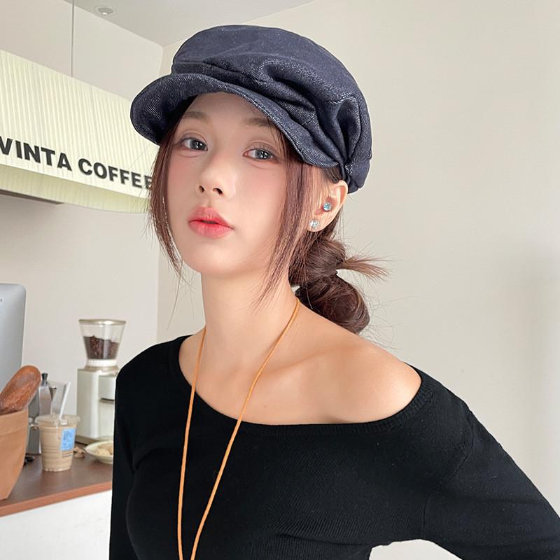 Simple Color Solid Pleated Design Women Casual Summer Sun Shading Beret Denim