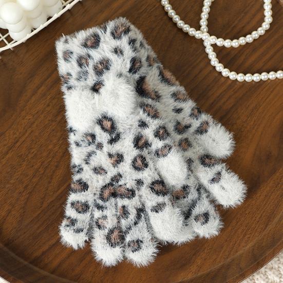 1 Pair Knitted Gloves Leopard Print Plush Warm Winter Gloves with Tie-Dye Color Bow Decoration Touchscreen Gloves
