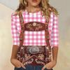 Women's Fashion Casual Three Quarter Sleeve Oktoberfest Print Round Neck Top Suitable for Seasonal Wear and Daily Casual Outfits