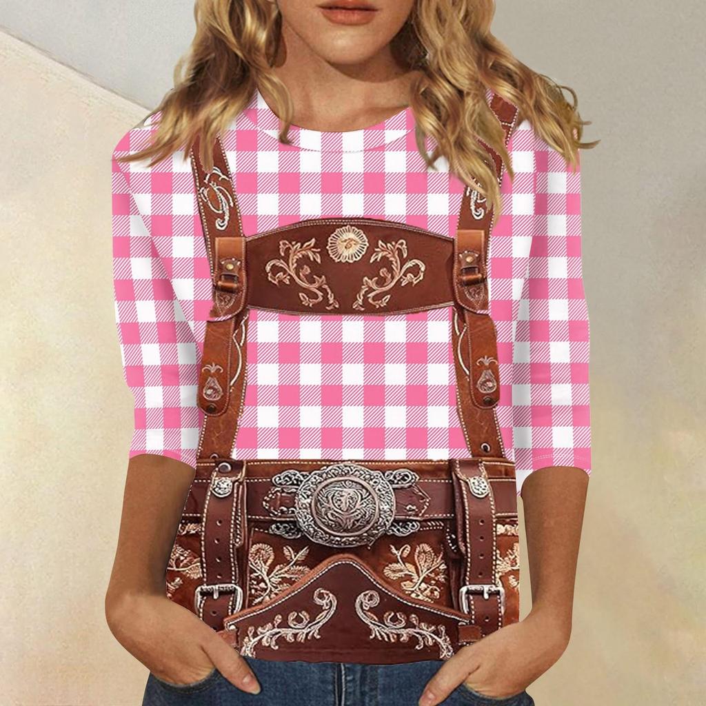 Women's Fashion Casual Three Quarter Sleeve Oktoberfest Print Round Neck Top Suitable for Seasonal Wear and Daily Casual Outfits