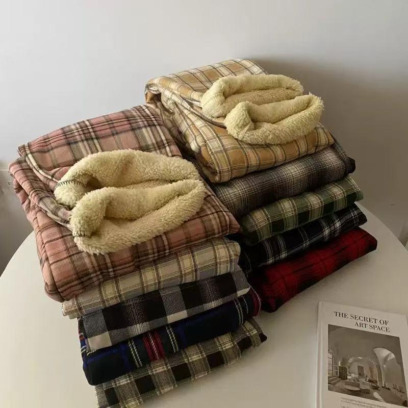 Women's High-Waisted Plaid Wide-Leg Pants - Autumn/Winter Casual Velvet Trousers