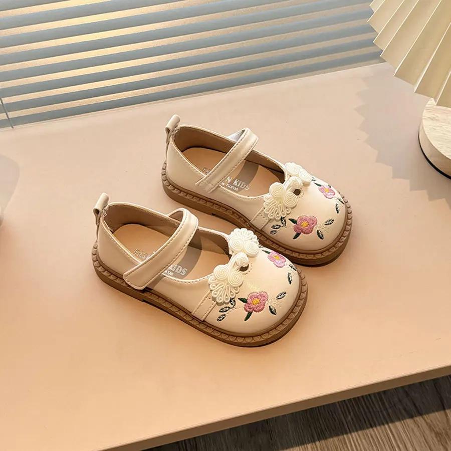 

Детская кожаная обувь, модные туфли на плоской подошве для девочек с цветочной вышивкой, повседневные универсальные весенне-осенние детские туфли принцессы, нескользящая обувь 21 insole13.5cm бежевый