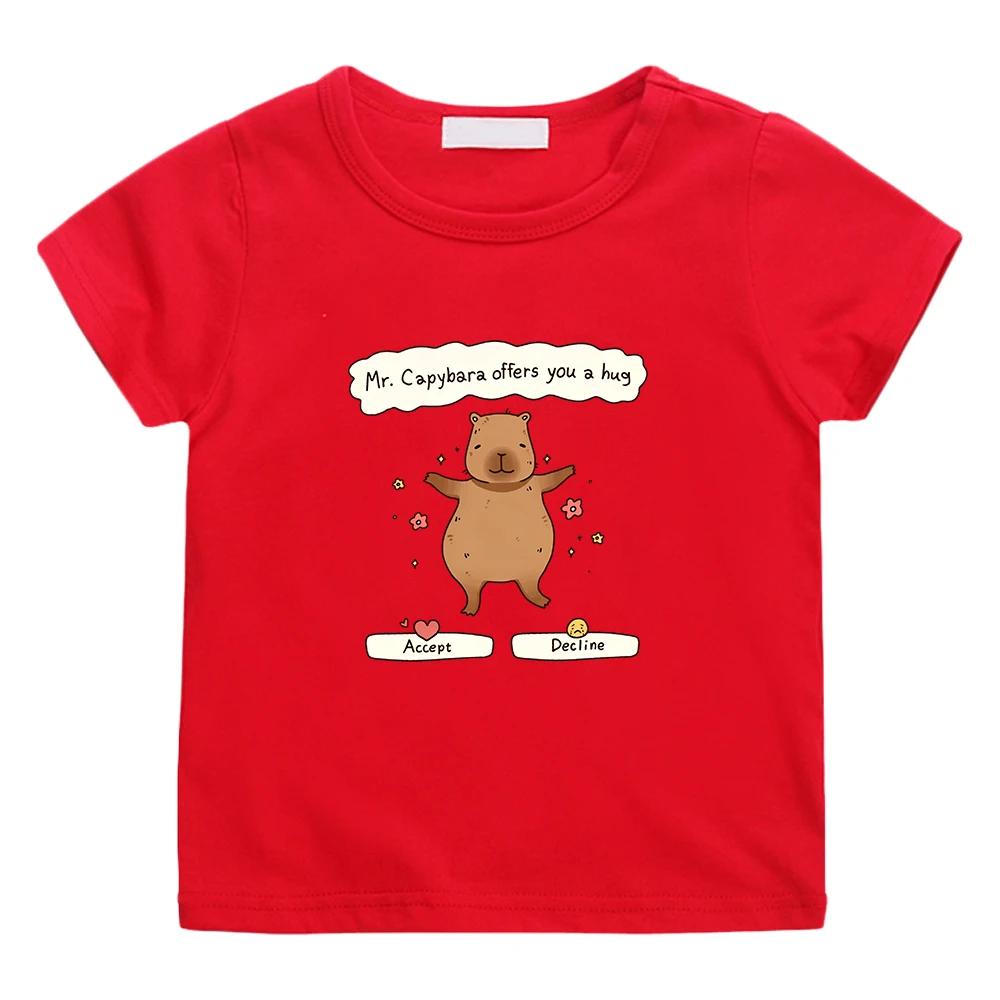 Kids Short Sleeve T Shirt Cute Hugging Capybara With Funny Text Print Crew Neck Tee Lovely Animal Graphic Casual Kids Daily Top